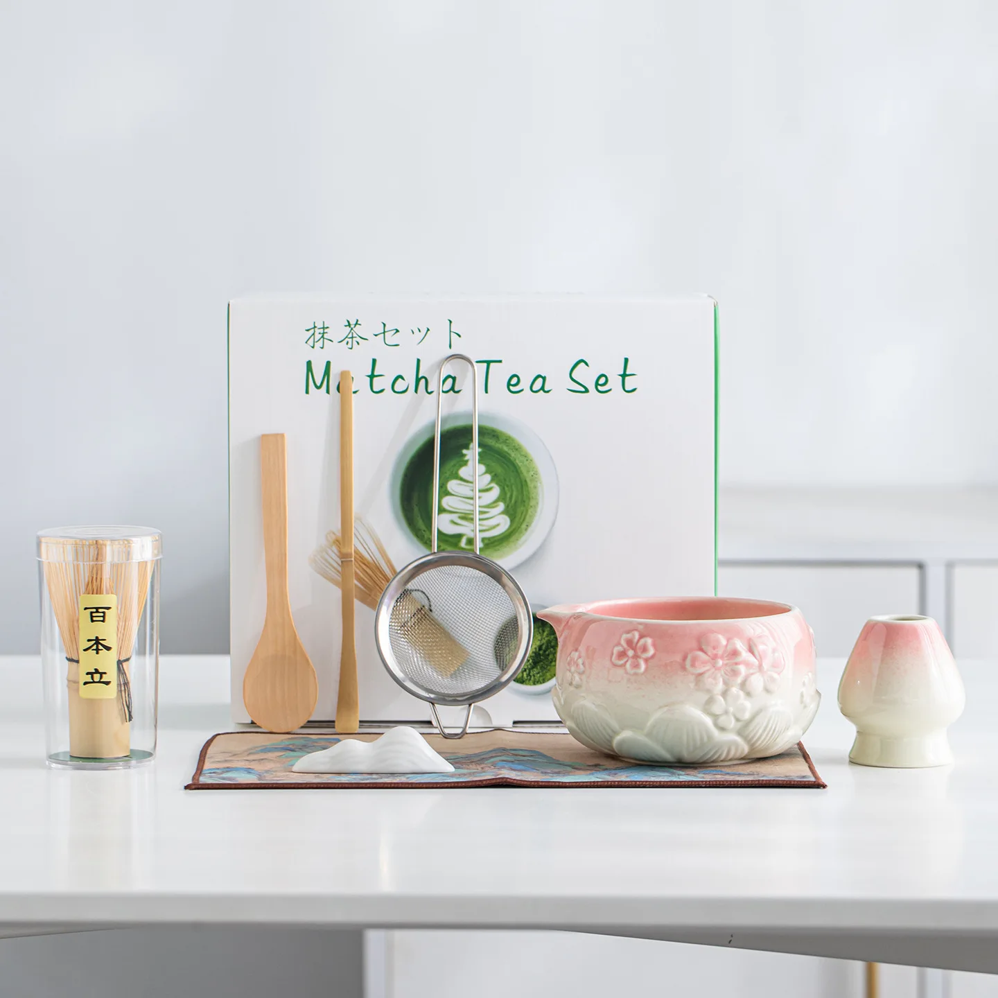 

8pcs Japanese Cherry Blossom Ceramic Matcha Bowl Set Tea Whisk Stand Song Dynasty Style Tea Ceremony Tools Accessory Kit