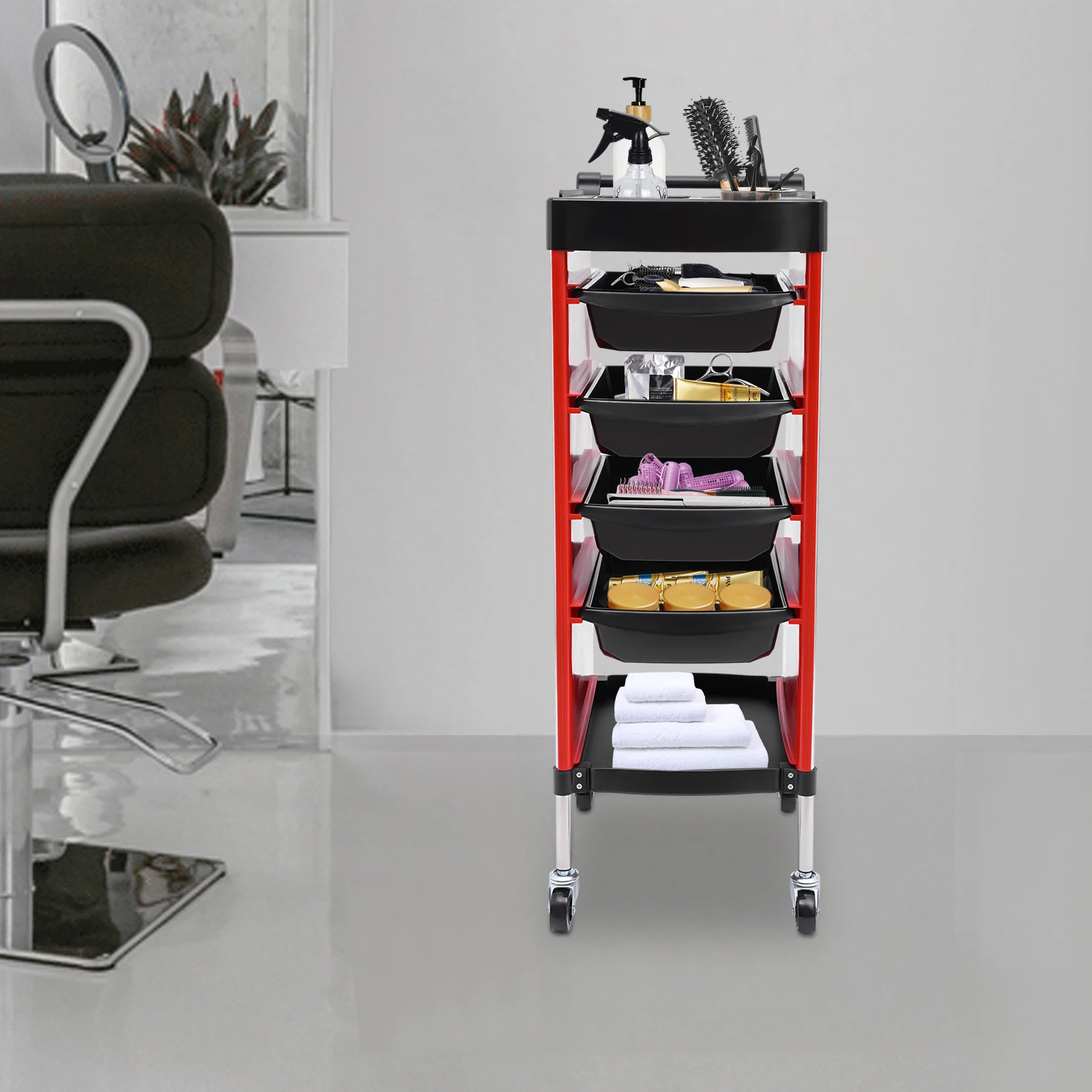 6-Story Beauty Salon Handcart With Wheels, Multifunctional Cart With Drawers, Practical Cart For Salon Stations (Red)