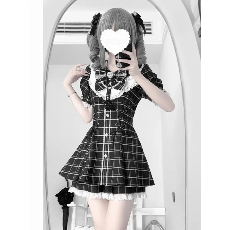 

Summer Gothic Lolita Sweet Lace Mini Dress Set Long Sleeved Bow Y2k Aesthetic Fashion Dress Slim Japanese Kawaii Suit Chic