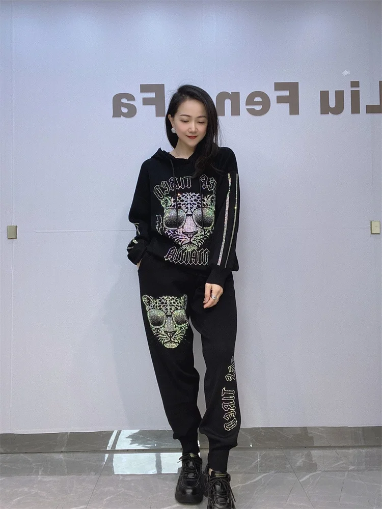 

Faionable Spring Autumn Women's Hooded Knitwear Long Sve Top plus Size Two-Piece Set with Trousers Casual Sle Ensemble