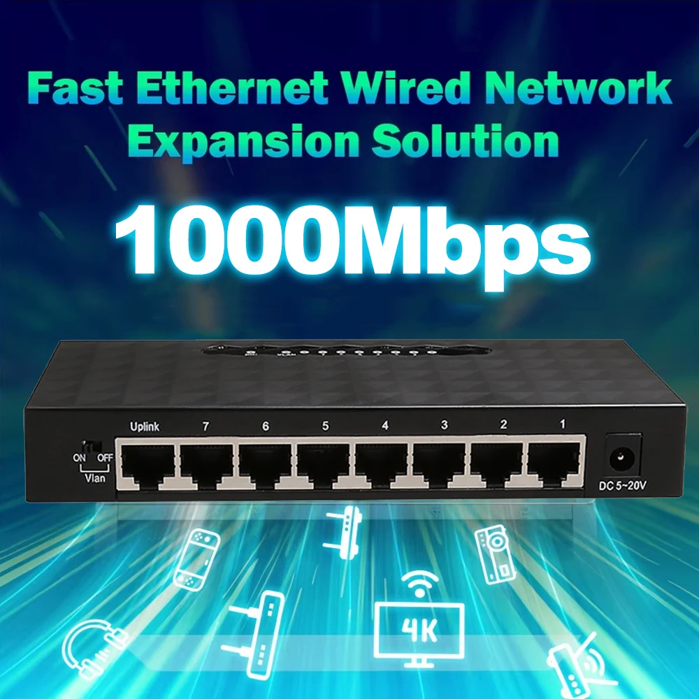 Kebidumei 8 Port 10/100/1000Mbps محول الشبكة سريع إيثرنت جيجابت شبكة توسيع الفاصل للمنزل مكتب التوصيل والتشغيل