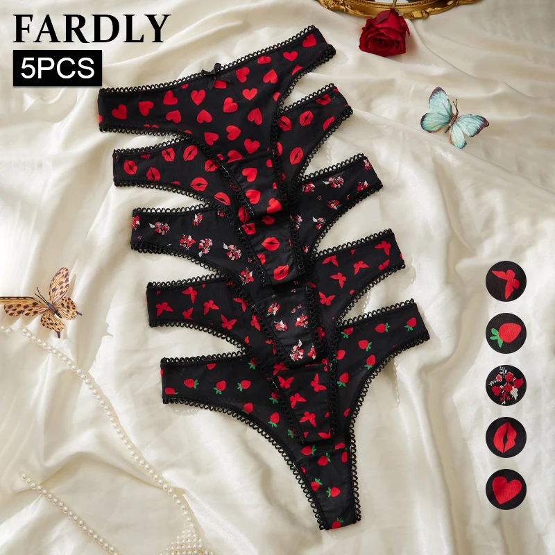 FARDLY 5 pezzi regalo di San Valentino sexy rosso stampato perizoma da donna intimo in pizzo comode mutandine senza cuciture traspiranti