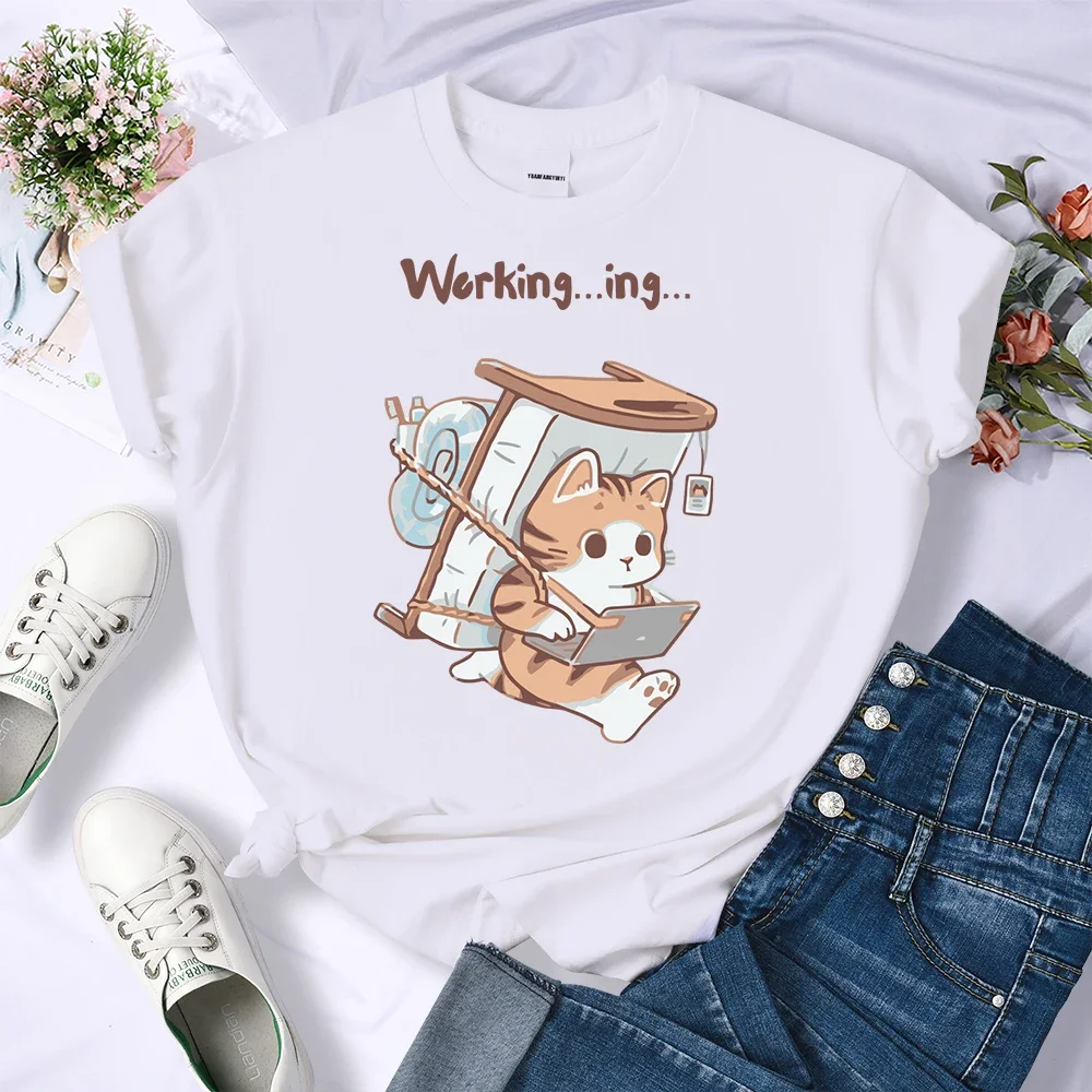 A Sick Cat That Never Forgets To Work Print Women T-Shirt Summer Casual T Shirts Hip Hop All-Match Top Comfortable Clothes