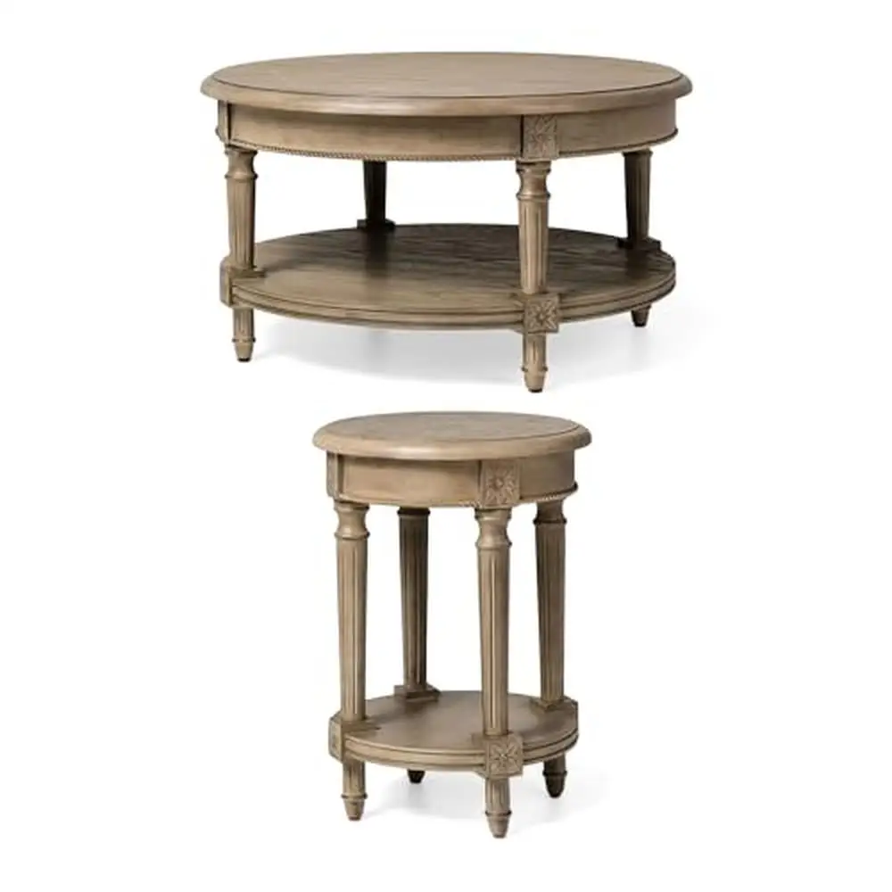 Rustic Antiqued Grey Wooden Coffee Table Set with Hand-Carved Details 2-Tier Circle Side Table Solid Wood Construction Lifetime