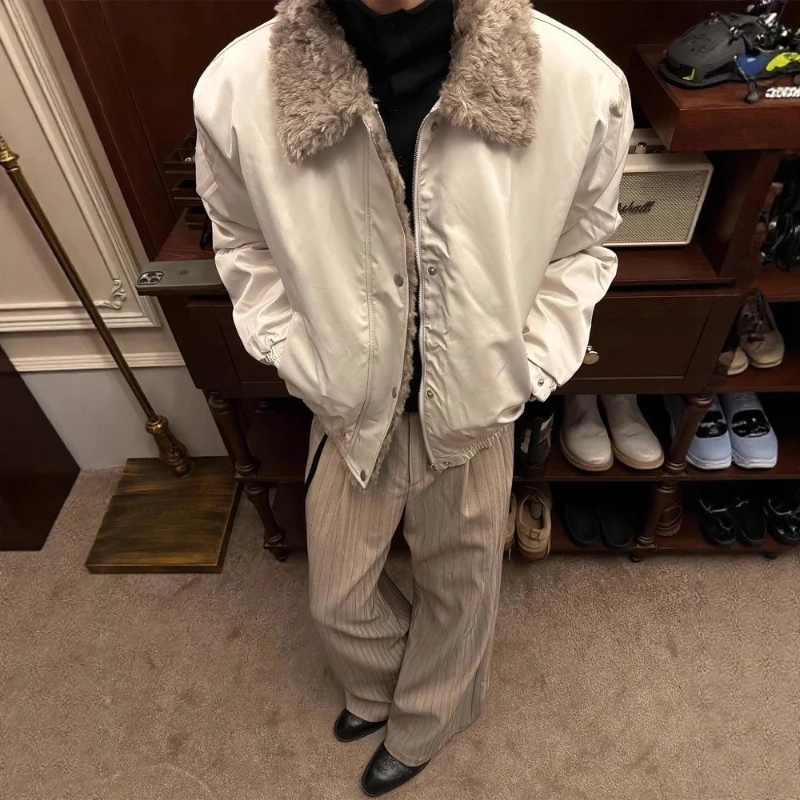 Heren Kunstleer Shearling Kraag Jas Winter Warm Oversized Bomberjas Loose Fit Casual Opstaande Kraag Zip-Up Bovenkleding