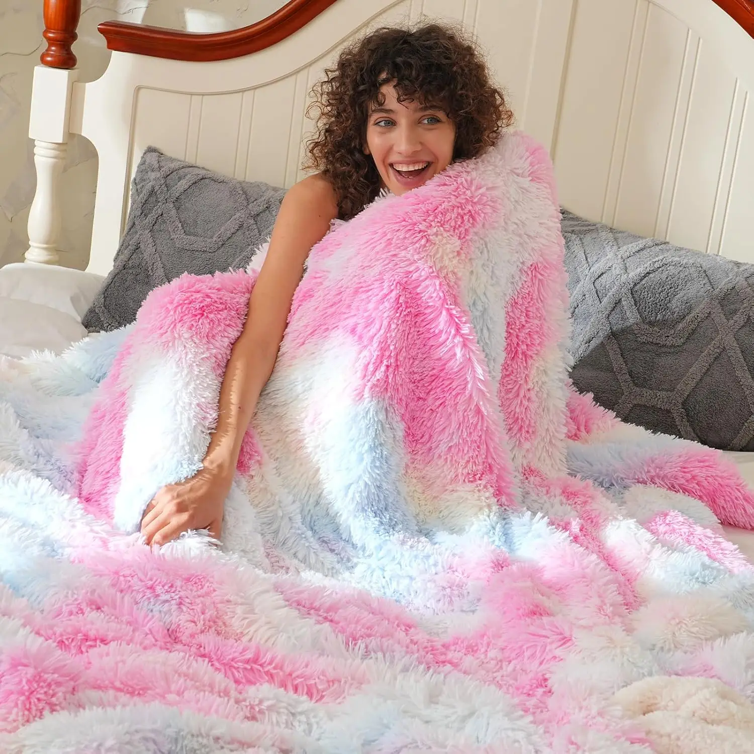 

Luxury Fuzzy Queen Comfy Plush Blanket, Warm Thi Fluffy Throw For Couch, Bed, Chair, Sofa, Tie Dye Rainbow, 90"" X 90""