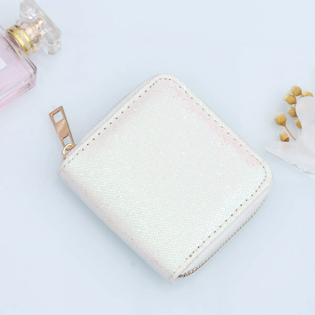 

Glitter White Zipper Coin Purse Short Wallet Slim Lightweight Minimalist Stylish Small Change Holder for Women