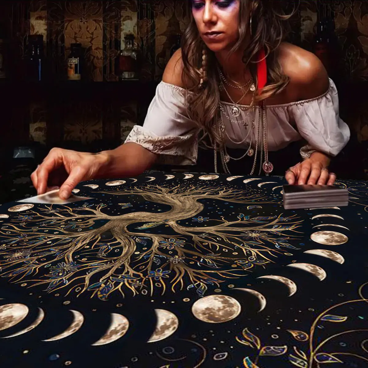 Table Cloth Waterproof Table Cloth Japanese Tree Of Life Tarots Tablecloth Moon Phase Cloth Altar Moonlight Garden Divination