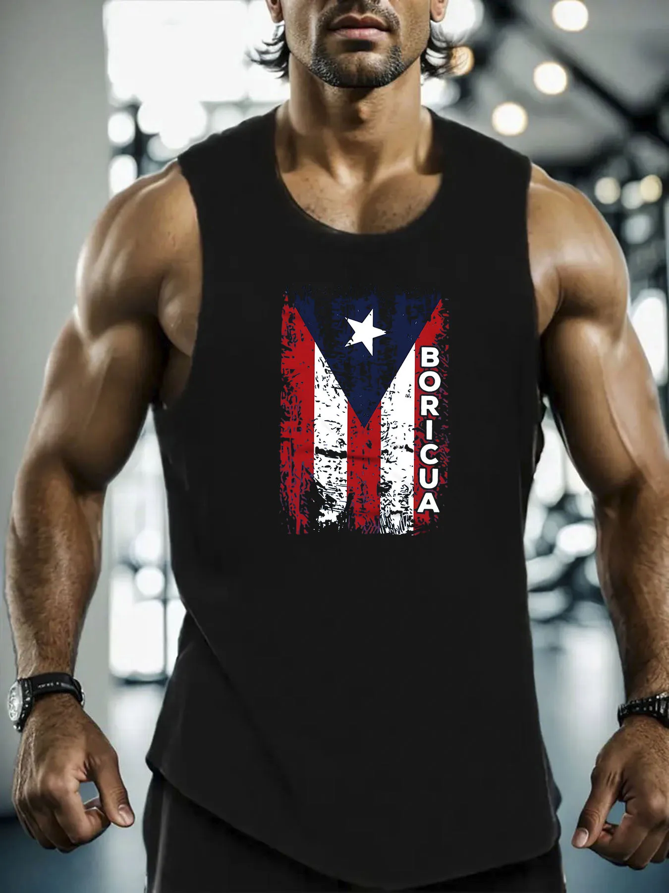 Men's 180GSM 100% Cotton Sleeveless Training Vest - Puerto Rican Flag & Letter Graphic, Micro Elastic All-Season Gym Running