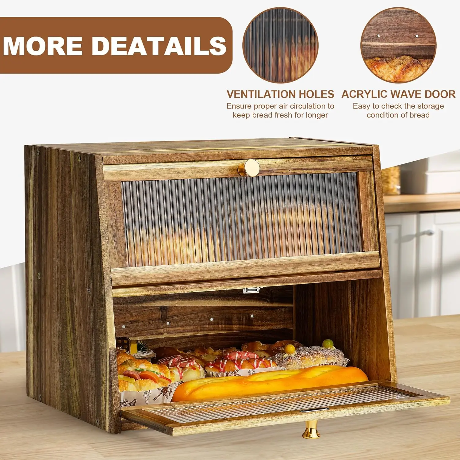 Extra Large 2-Layer Bread Storage Box with Acrylic Window, Farmhouse Style Kitchen Organizer for Fresh Food