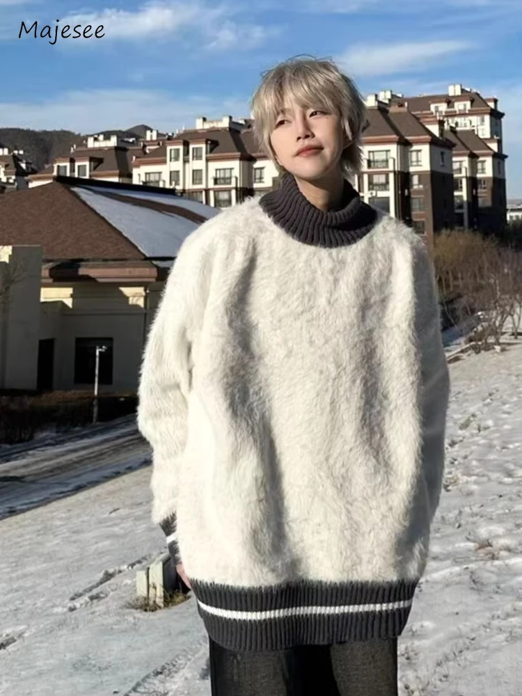 Fluffy Sweaters Men Autumn Winter Korean Style Streetwear Baggy Prevalent Minimalist Classic Stylish Temperament Cozy Advanced