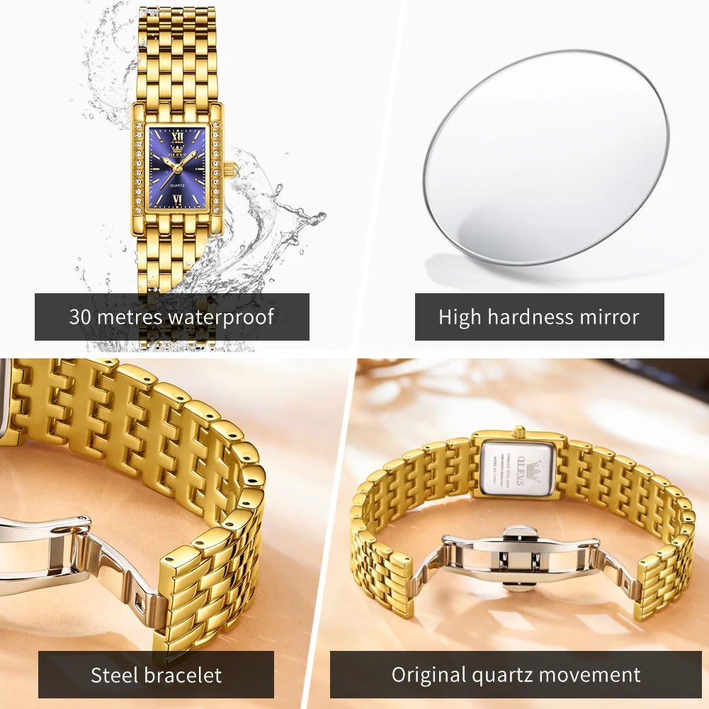 OLEVS 3700 Original Genuine Womens Watches Versatile Trend Simple Quartz Watch Square Dial Waterproof Gold Stainless Steel Watch