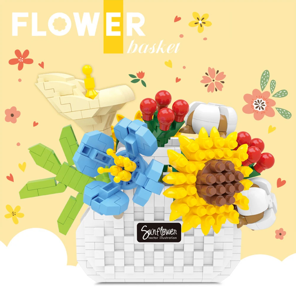 Potted Flower Basket Building Blocks Creative Bonsai Plant Bouquet Model Assemble Bricks Decoration Children's Christmas Gifts