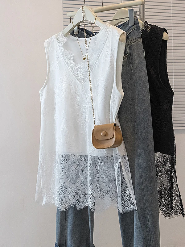 

Lace Trim V-Ne Midi Tank Top White Casual Sle Outerwear for Women Spring 2026 New plus Size Fake Two-Piece Set