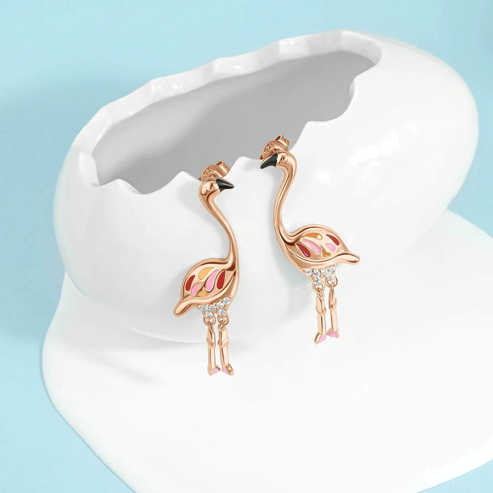سلسلة الذهب الوردي 925 الفضة الاسترليني فلامنغو الزرافة نجمة والقمر زهرة أقراط أنيقة هدايا مجوهرات الحفلات #3