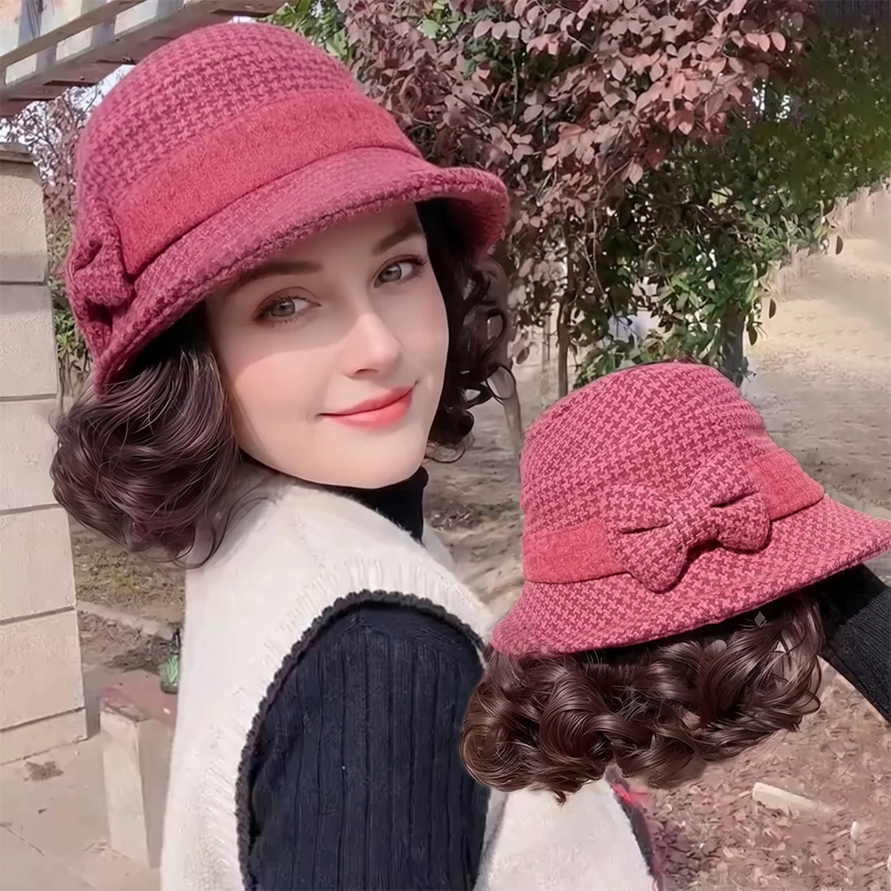 Synthetic Fisherman Hat Lazy Wig Hat Woman Short Curly Bow Mother Wig Hat Hair Extension Brown Black Heat-Resistant