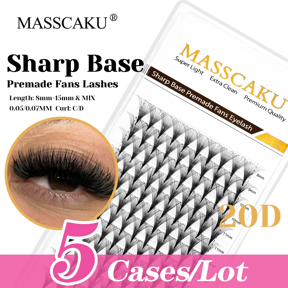 

12 Lines MASSCAKU 5cases/lot C D Curl 6D/8D/10D Narrow Root Thin Stem Lashes Korean PBT Fiber Sharp Base Premade Fans Eyelash