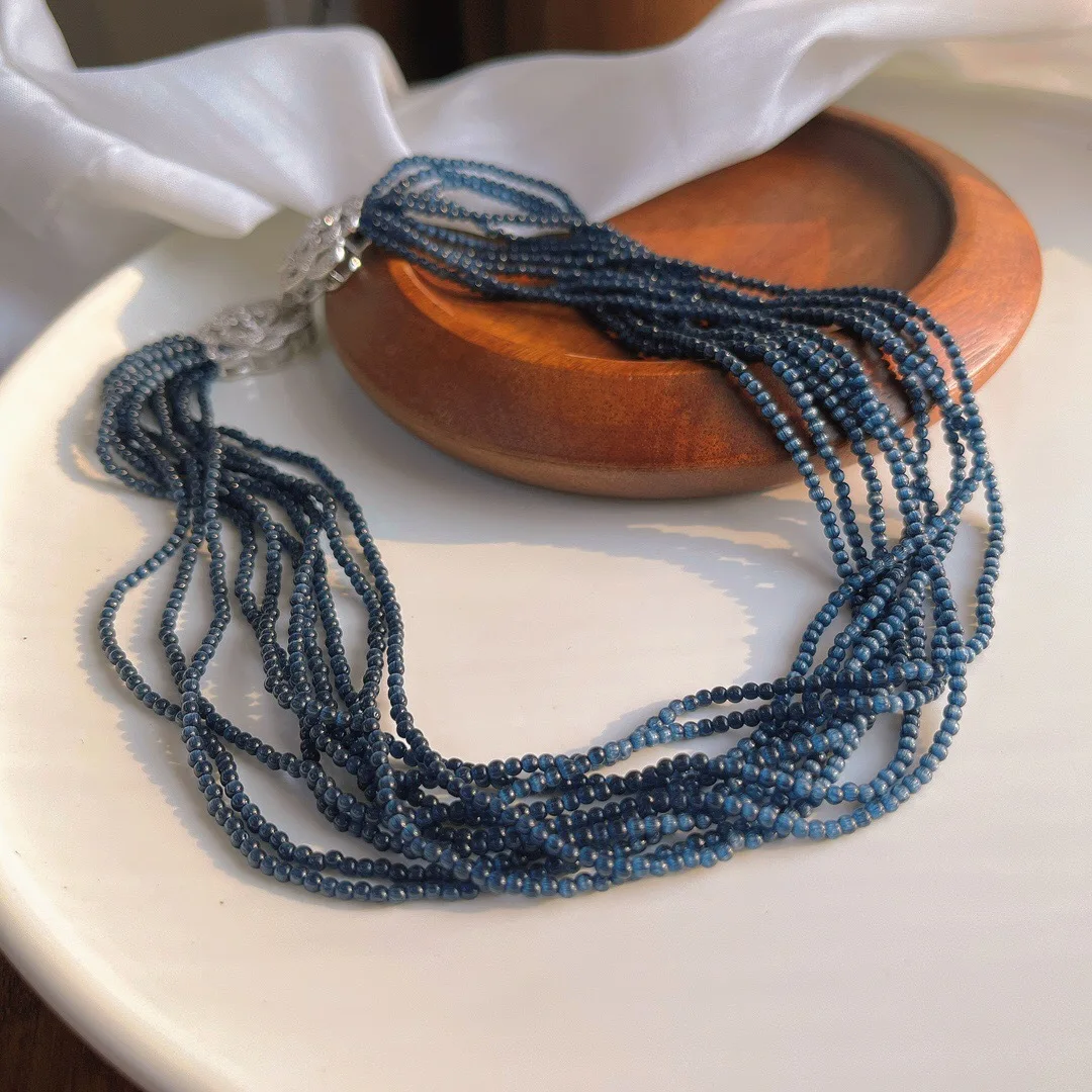 

Lazy wind noble and cold natural blue-gray opal ten rows evening chain simple jewelry multi-layer neck chain banquet