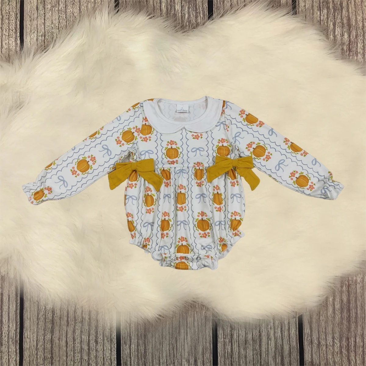 

Baby Girl Toddler Thanksgiving Children Flower Pumpkins Bows Romper Kids Newborn Coverall Bubble Girls Fall Bodysuit Wholesale