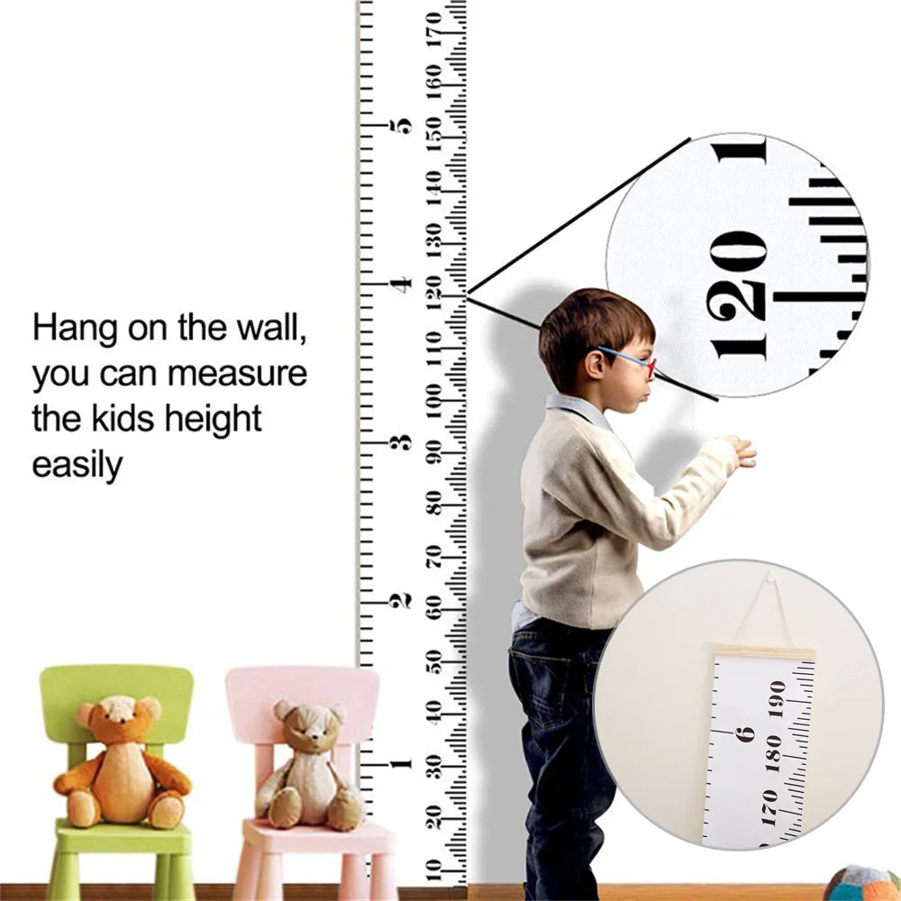 Cartoon Baby Kids Growth Chart Record Wood Frame Fabric Height Measurement Ruler for Boys & Girls Child's Room Wall Decoration