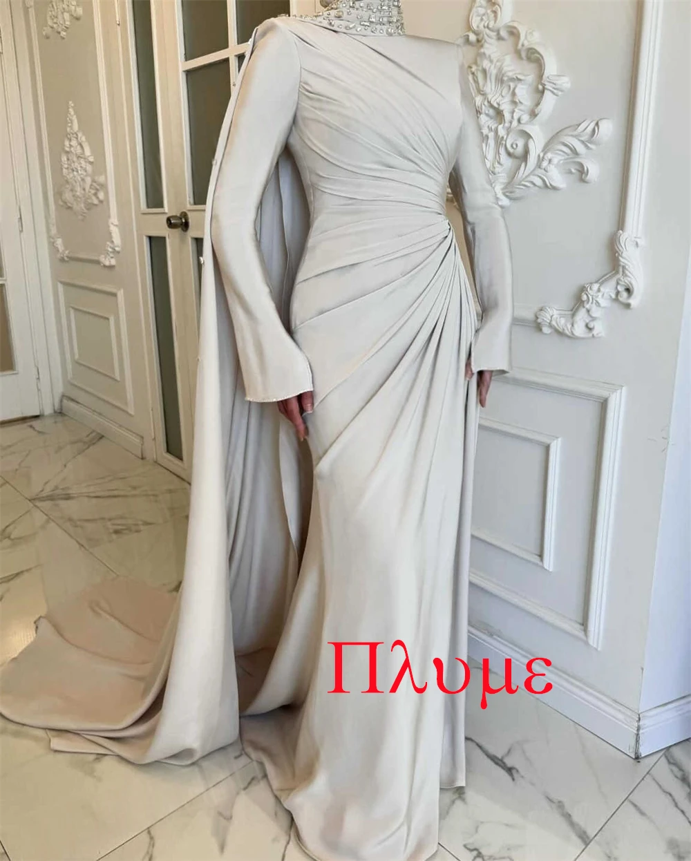 

Customized Exquisite Luxury Temperament Charming Romantic Wedding Dress Satin Draped Wedding Party Mermaid High Collar Dress