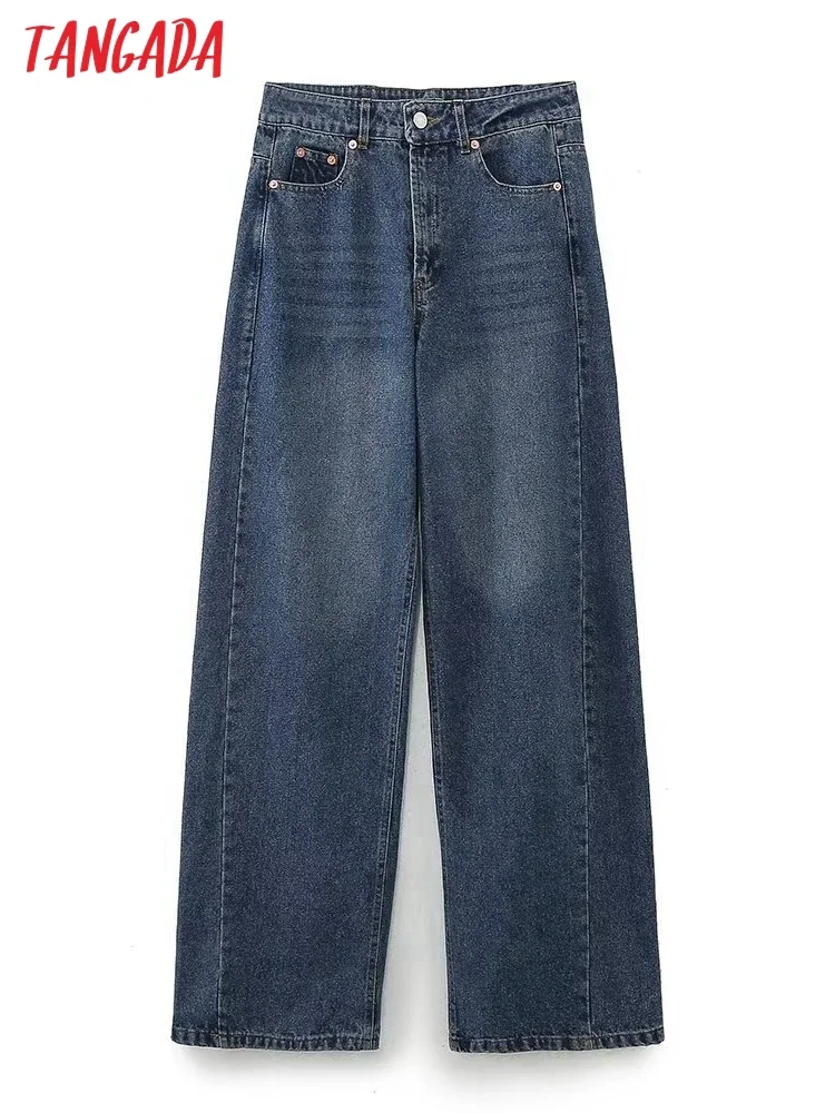 Tangada 2023 Women Wide Leg Jeans Pants Trousers Pocket Female High Street Denim Pants 6H117