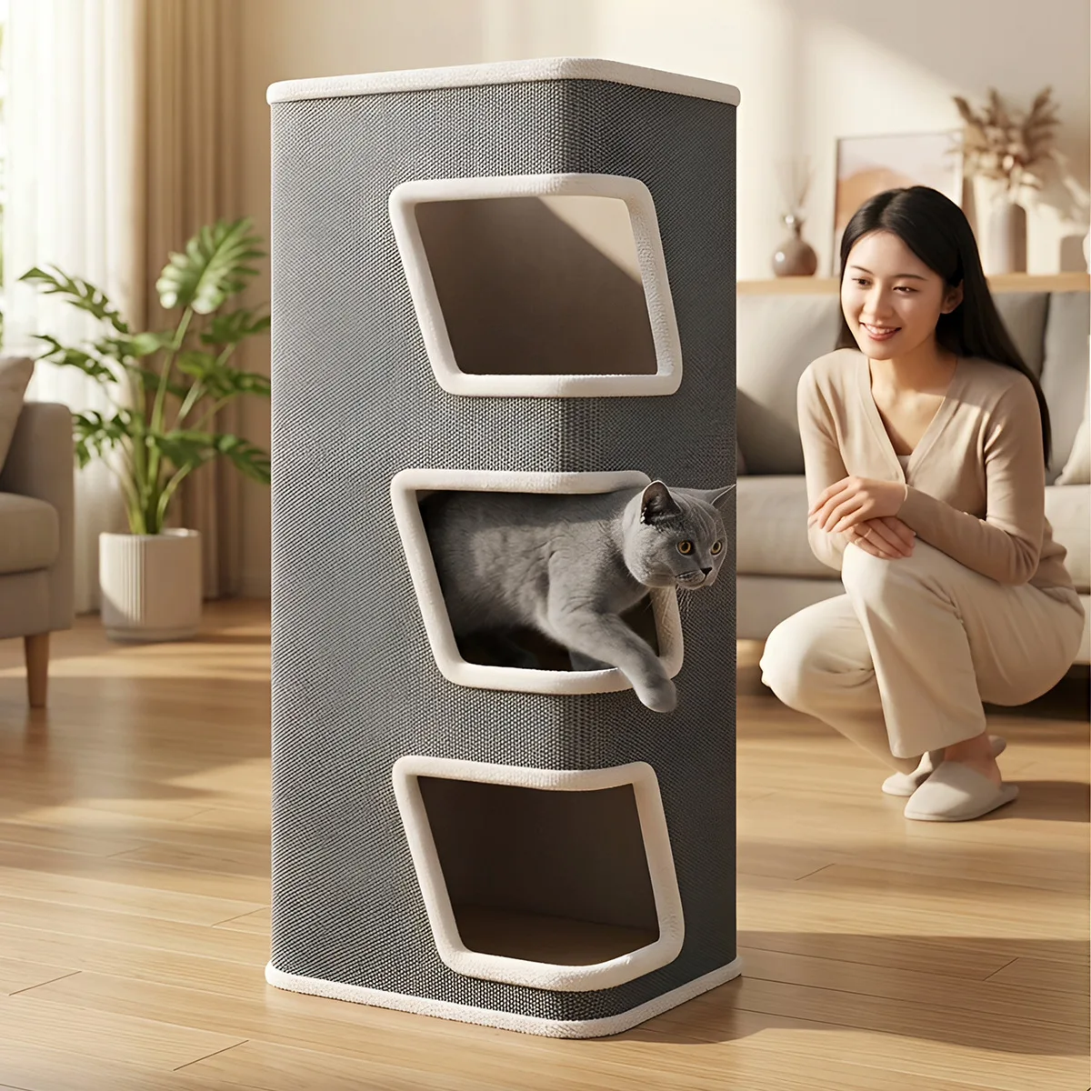 Árbol rascador multi-nivel para gatos cerrada: poste y cueva cálida - imagen 4