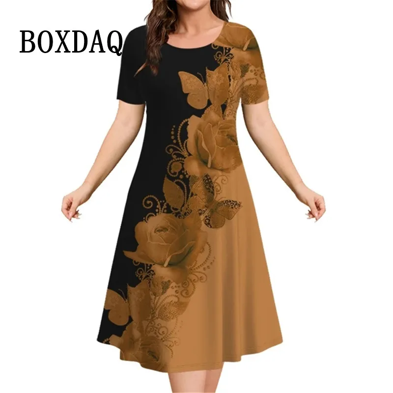 Flower Print Women Dress For Vintage New Short Sleeve O-Neck Mini Dress Summer Pullover Loose Casual Retro Loose Plus Size Dress