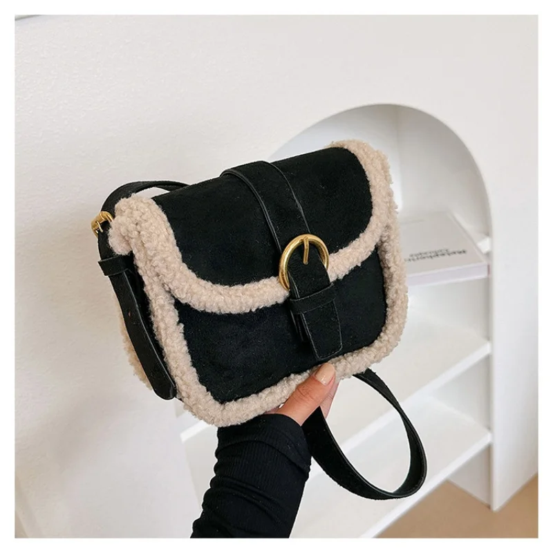 

Autumn Winter Plush Bag Women's Korean Retro Small Square Handbags New Suede Lamb Wool Patchwork Shoulder Crossbody Bags