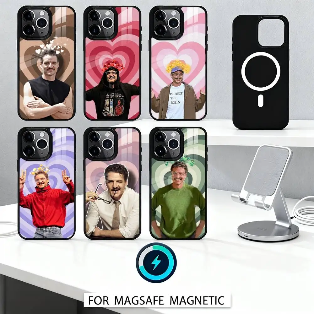 Pedro Pascal con sfondo H-heart Custodia per telefono per iPhone 16,15,14,13,12,Pro,Max, magnetica per ricarica wireless Magsafe
