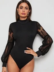 Bodysuit Women Sexy Slim Long Sleeve Bandage Body Feminino Turtleneck Patchwork Rompers Overalls Sexy Bodycon Jumpsuit AA4363