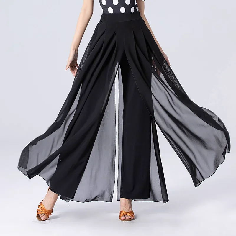 

Adult Moden Ballroom Dance Costume Female Latin Performance Trousers Broad Leg Elastic Waist National Standard Women Pants