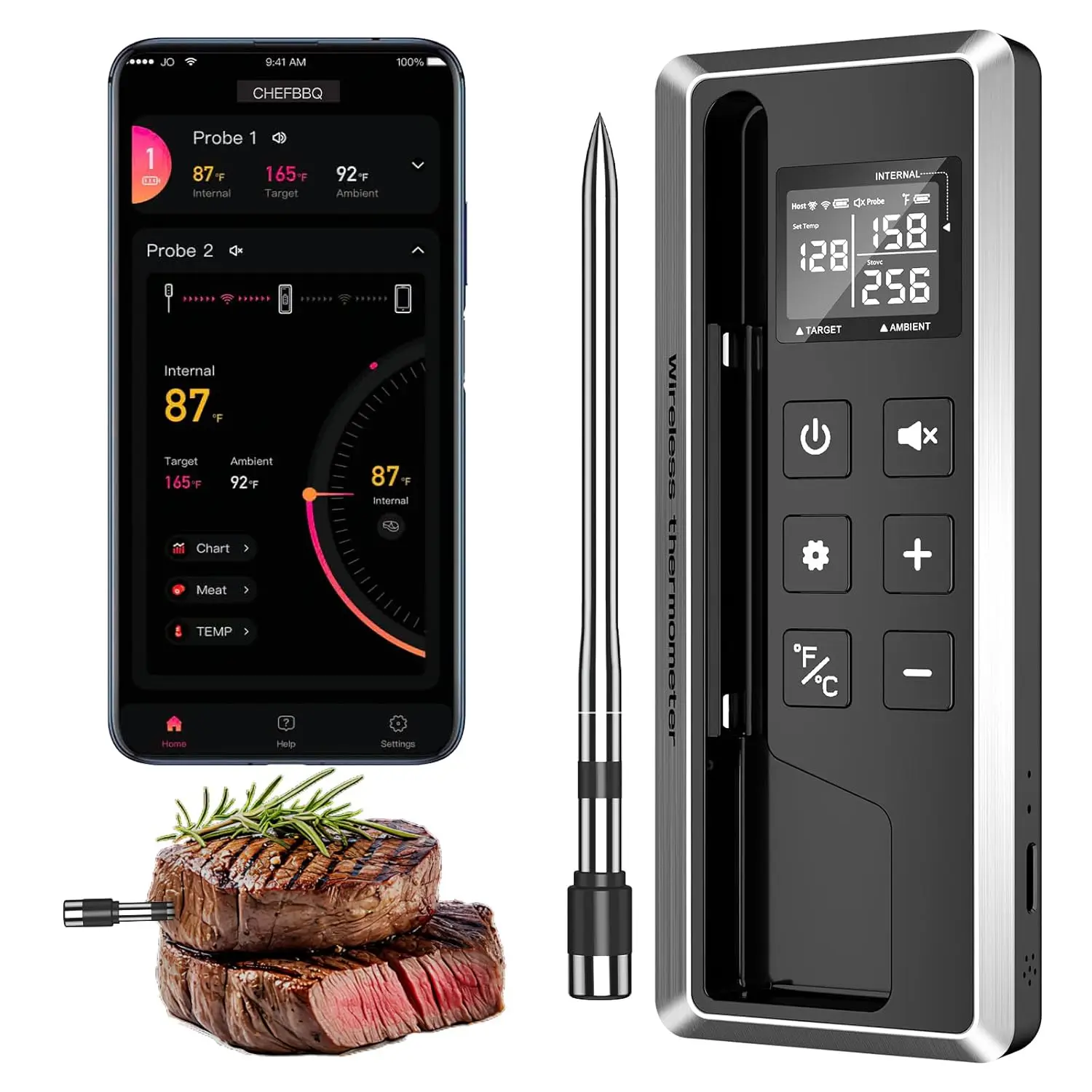 

Wireless Meat Thermometer with Smart App, 800ft Bluetooth Range, Ultra Thin Probe, High Accuracy for BBQ Oven Kitchen