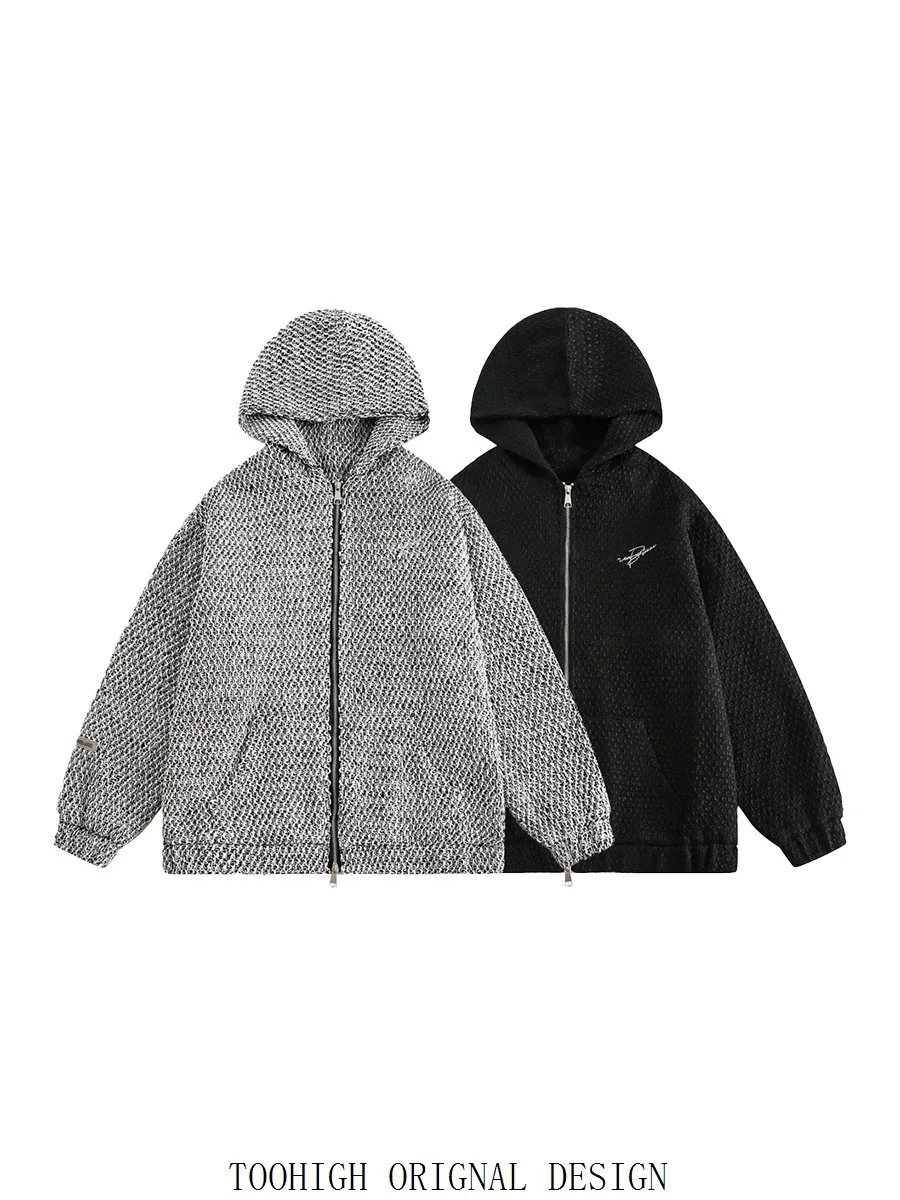 

2024 New American Elegant Woven Cardigan Jacket for Men Women Spring Autumn Hip Hop Zipper Coat Vintage Hooded Jacket for Men