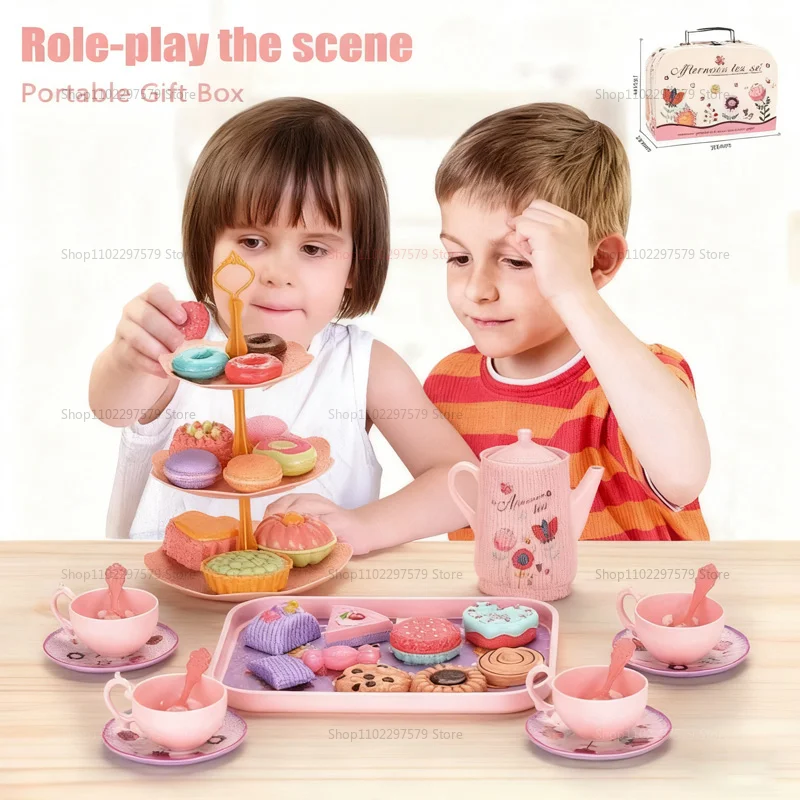 Juego de simulación de tiempo de té de la tarde para niña pequeña, juguete de cocina con postres falsos, Donuts, galletas y taza de té, regalo de juego de rol de princesa