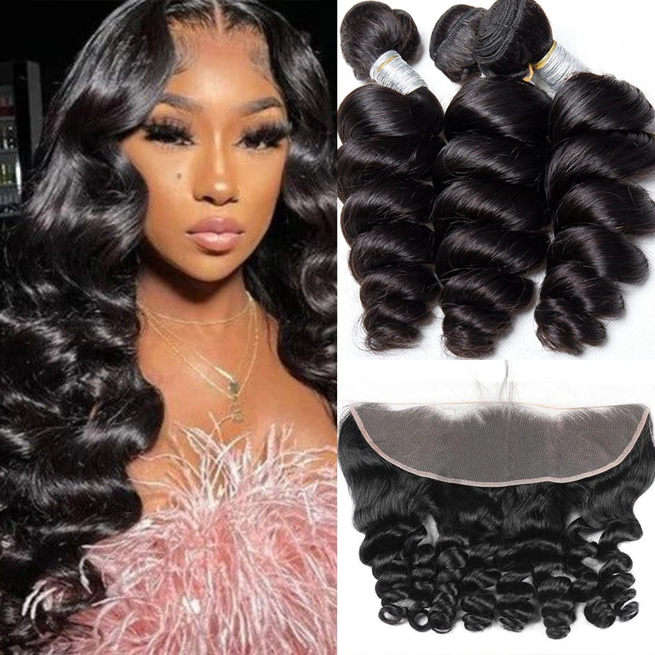 

Cheap Human Hair Loose Wave Bundles With Closure Brazilian Remy Human Hair 3/4 Bundles With Swiss Lace Frontals Natural Black