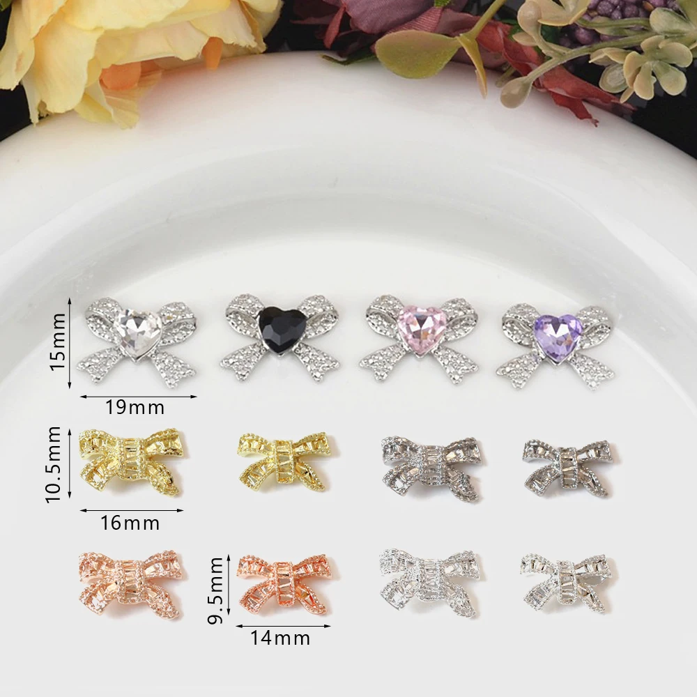 20pcs Light Luxury Style Alloy Bow Nail Art Charm 3D Gold Silver Zircon Bow Ribbon Metal Nail Rhinestone Cute DIY Nail Accessory