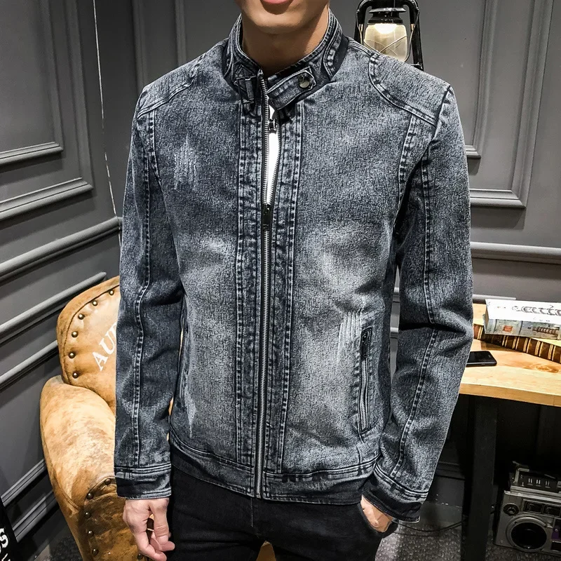 Vintage New Fashion American Men's Stand Collar Long Sleeve Zipper Casual Trendy Loose Simple Basic Denim Jackets Male Coats