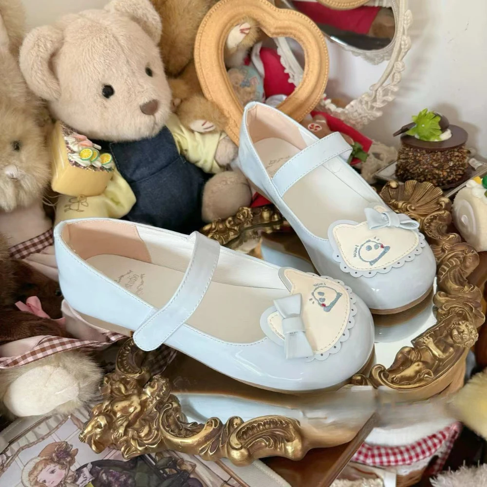 Cute Round Head Kawaii Shoes for Women Casual College Bow Flat Heel Shoe