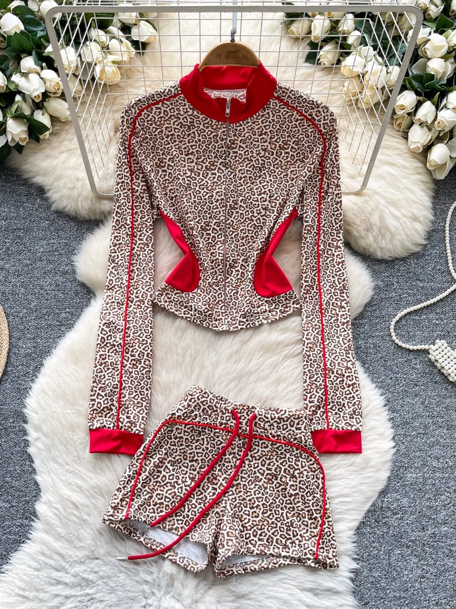 

Foamlina Autumn Colorblock Stand Collar Zipper Long Sleeve Leopard Print Top & Tight Bodycon Shorts European Fashion Outfit Set