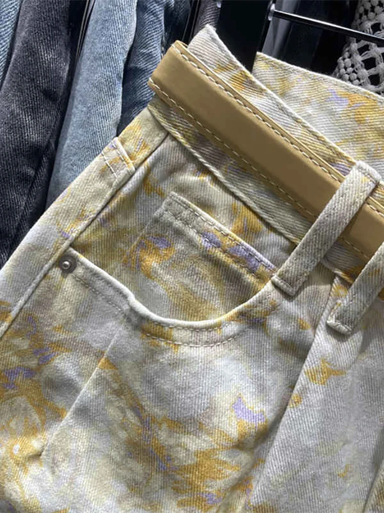 Vintage Print Yellow Denim Shorts Women Summer New High Waist A-line Hot Girls Style Hot Pants Fashion Niche Curled Shorts