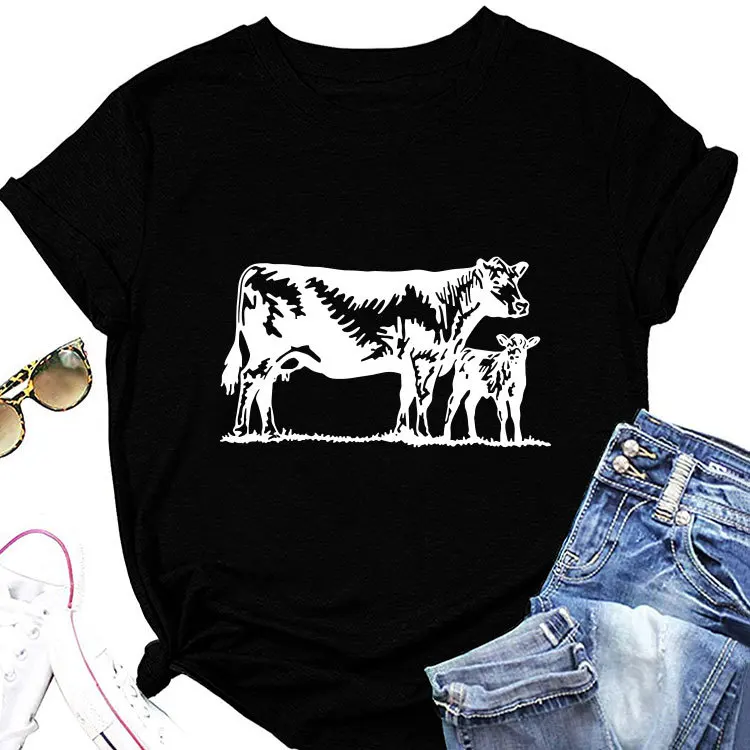 

Summer loose casual short-sleeved T-shirt two cows one big small print fashion all round collar top