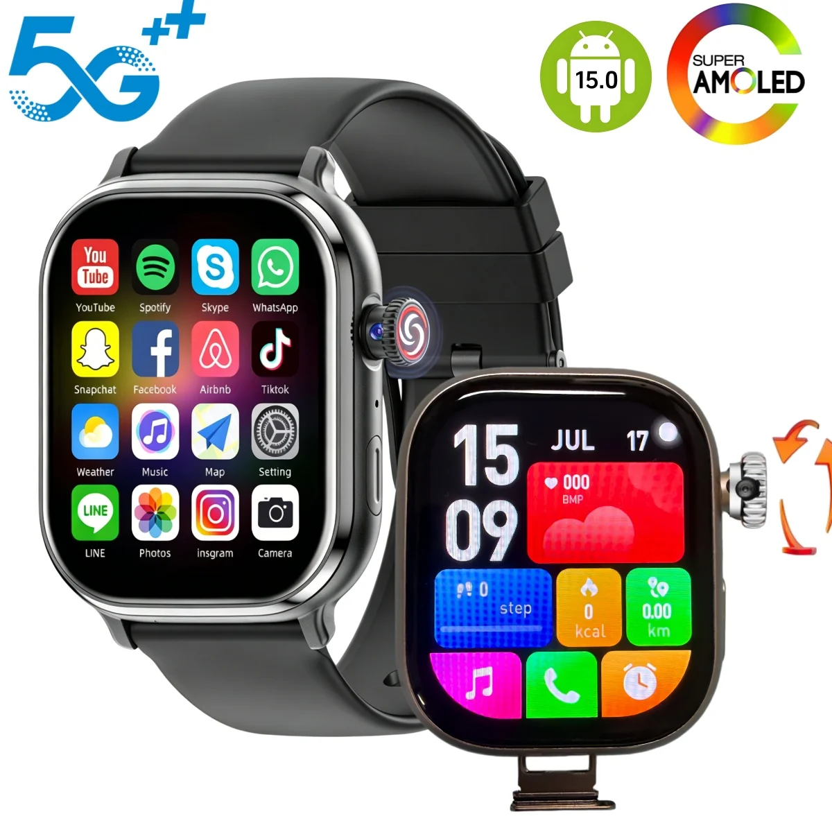 Montre connectée VP69 Android 15.0 5G LTE avec écran AMOLED de 2,39 pouces pour hommes et femmes avec 200 °   Caméra rotative GPS WIFI Boussole Emplacement pour carte SIM
