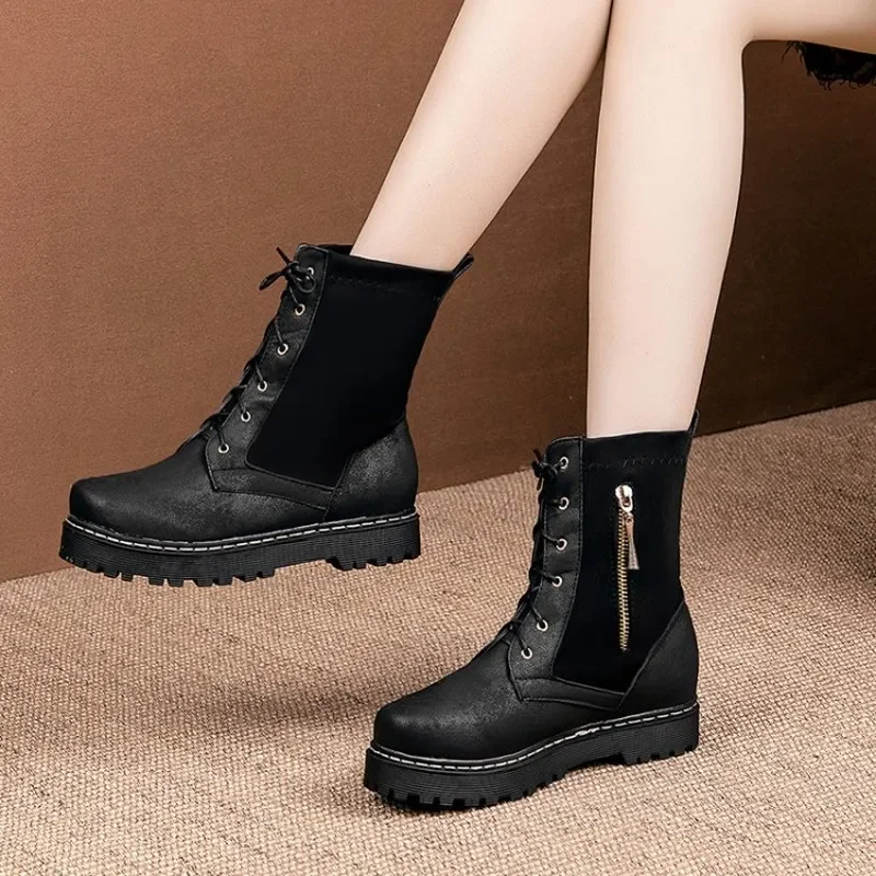 winter The New fashion Round head Thick bottom boots student Handsome Plus velvet Keep warm High heel Women boots 34-48