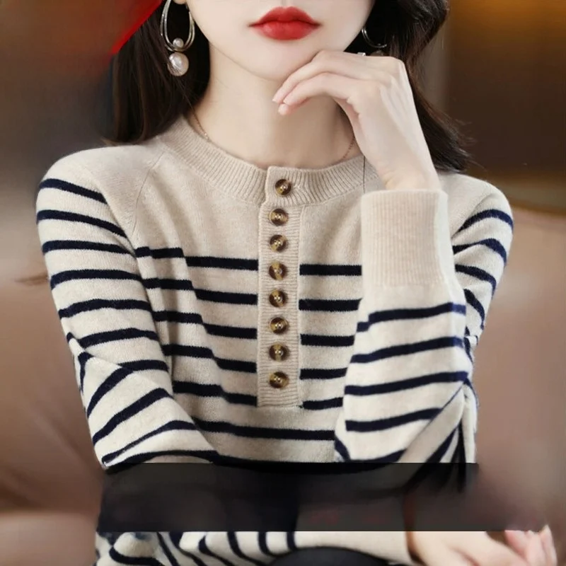 Loose Fit Long Sve round Ne Striped Knitted Wool Sweater Women's Base irt Spring Autumn Faion Commute Sle Button D...