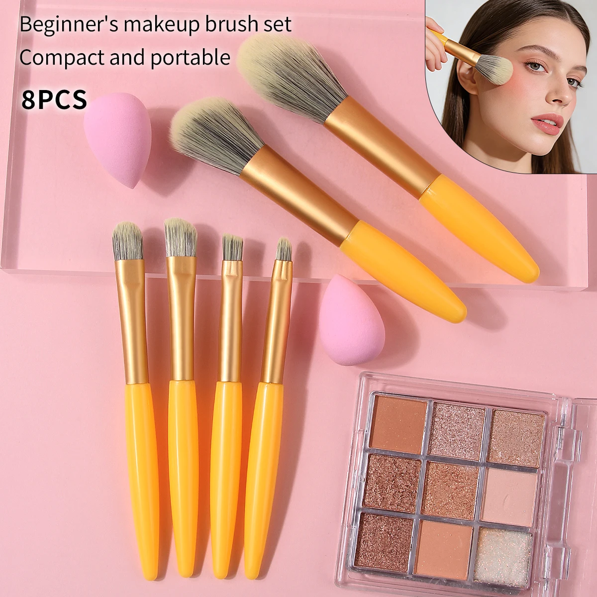 ชุดแปรงแต่งหน้าแบบพกพา 8 ชิ้น - แปรงแป้งขนาดเล็ก แปรงอายแชโดว์ แปรงคอนซีลเลอร์ + ฟองน้ำขนาดเล็กแบบนุ่ม