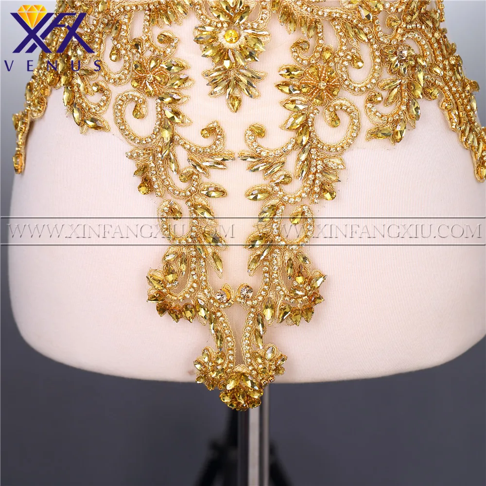 Imagem -06 - Xfx Venus Peça Sólido Ouro Cristal Applique Frisado Strass Remendo Vestido Embelezamento Faça Você Mesmo Vestido Guarnição para Vestido de Festa de Noiva