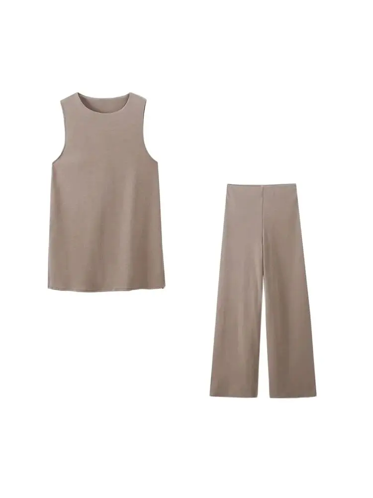 GELITAYIN Women Fashion Side Vents Sleeveless Soft Tank Tops High Elastic Waist Wide Leg Pants Female Two Piece Sets Mujer
