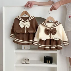 Baby Girls Sets Fashion Preppy Style Bow Patchwork Sweet Knitted Tops Skirts 2024 Autumn New Style Childrens Two Piece Sets
