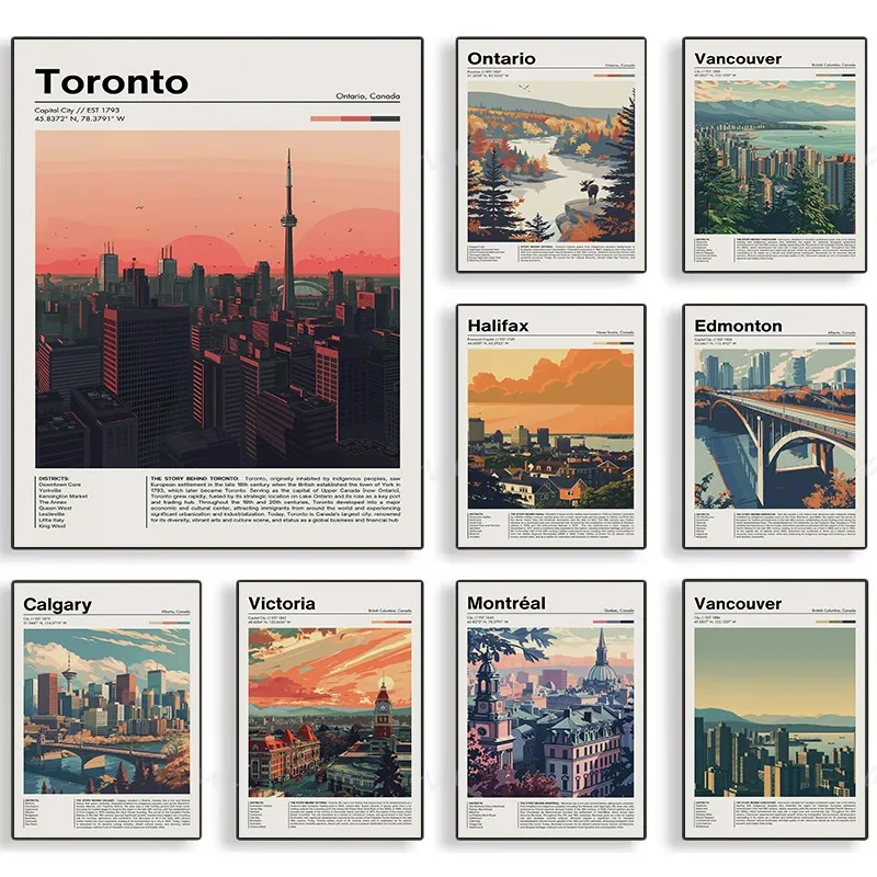 Retro Style Canada City Toronto British Columbia Victoria Travel Poster Vintage Cityscape Art Canvas Painting Wall Home Decor